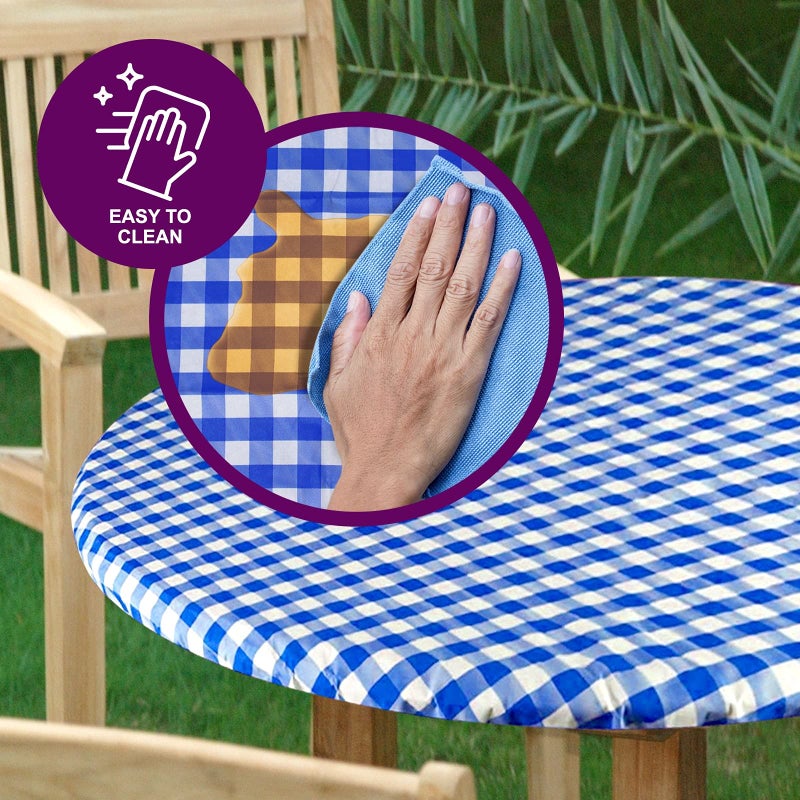 Sorfey Round Tablecloth -Fitted with Elastic, Vinyl with Flannel Back, Fits for Table 42 Inches Round,Water Proof, Easy to Clean, Checked Blue Design - Image 4